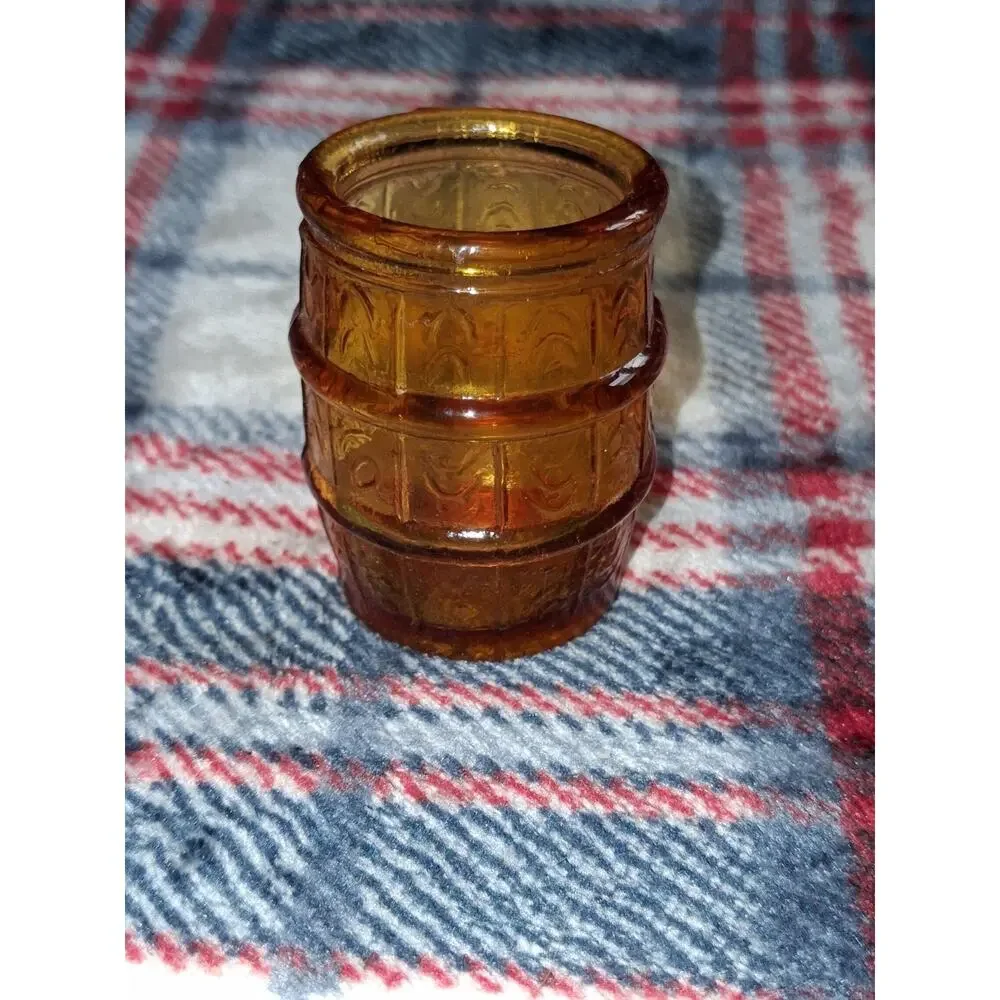 Vintage Amber Glass Barrel Shot Glass / Toothpick Holder Retro Collectible